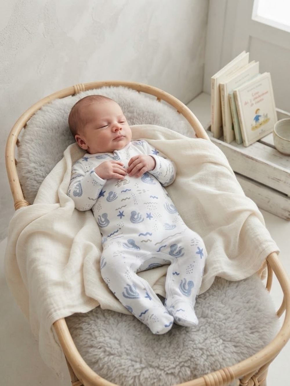 Feather Baby Cream Ocean Print Pima Cotton Long Sleeve Snap Footed Sleeper
